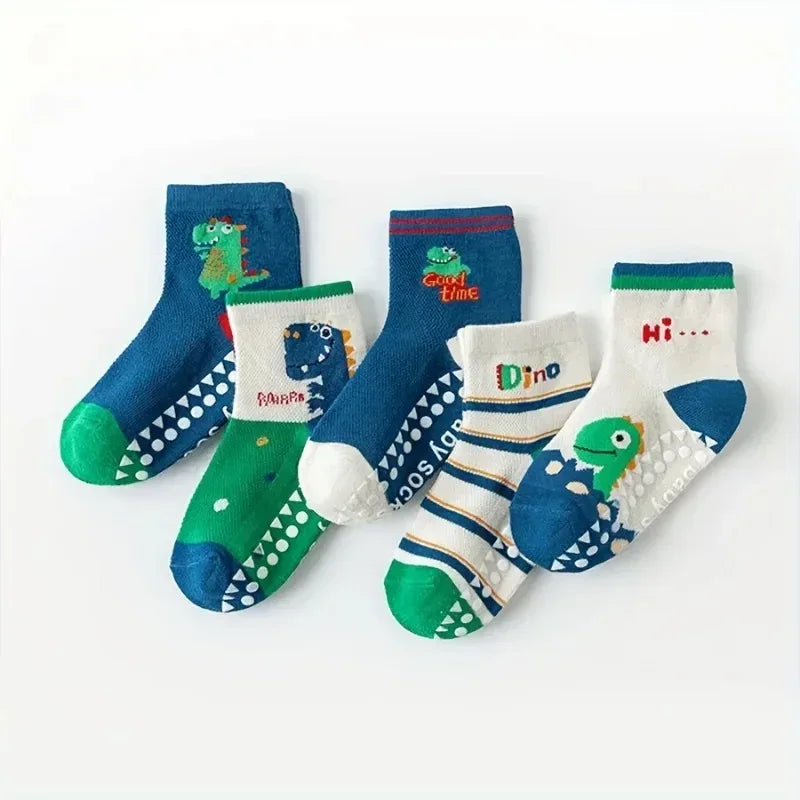5-Pair Cartoon Dinosaur Kids Non-Slip Floor Socks - Omega Lifestyles