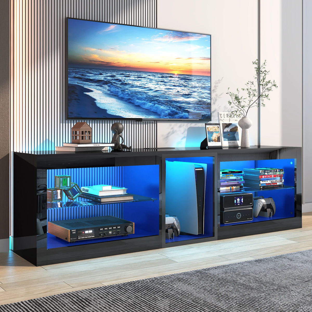 Modern 63-Inch High Gloss LED TV Stand With Storage