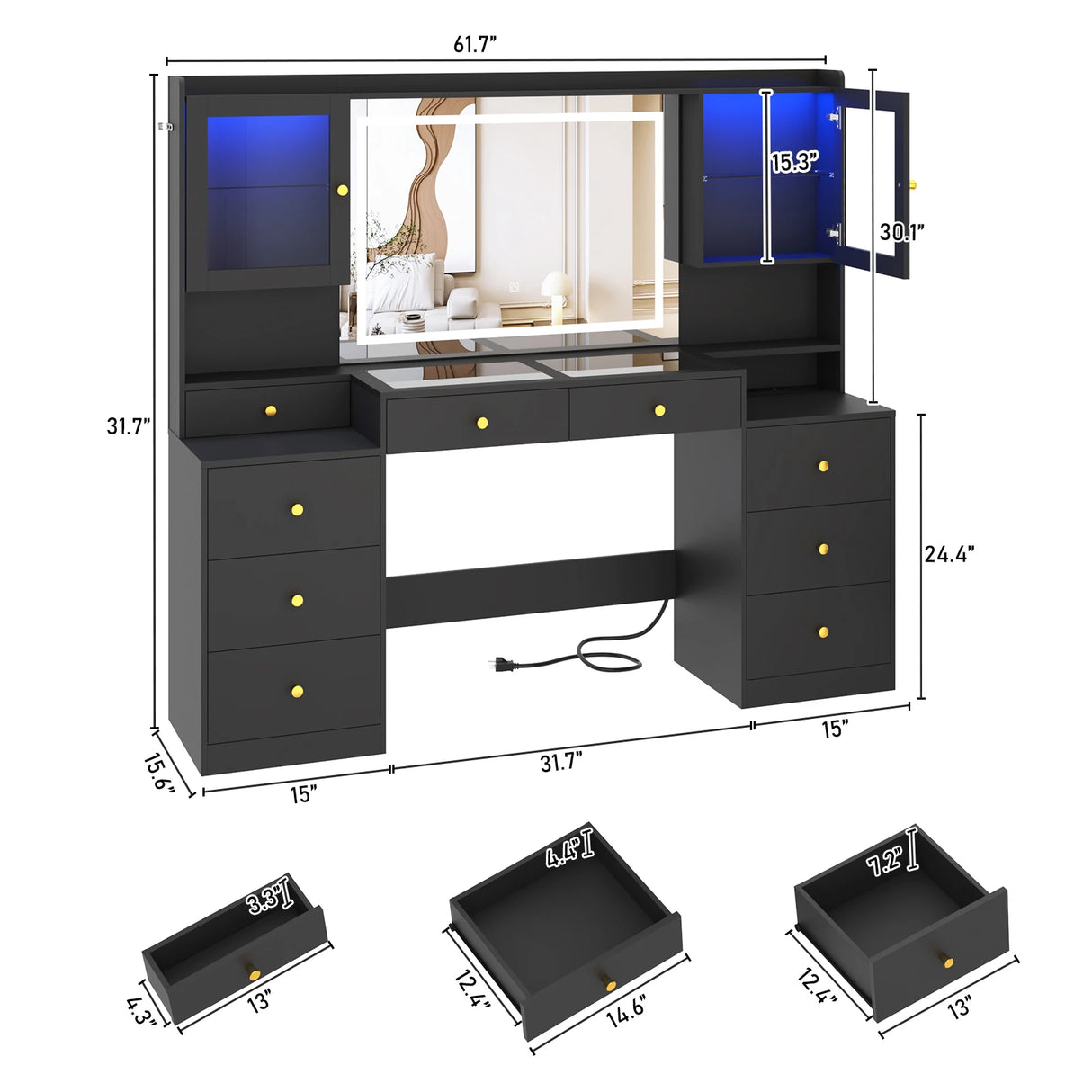 Large Modern Wooden Vanity Desk With Mirror Lights
