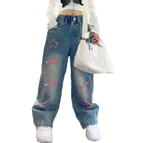 Girls Casual Loose Fit Wide Leg Patterned Jeans - Omega Lifestyles