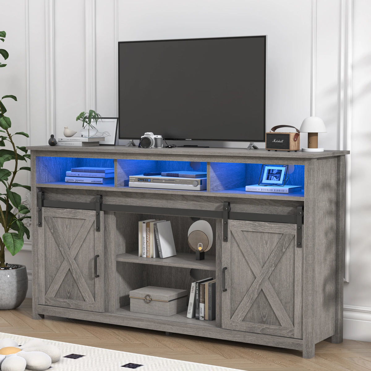 Farmhouse Sliding Barn Door Wooden TV Stand Cabinet