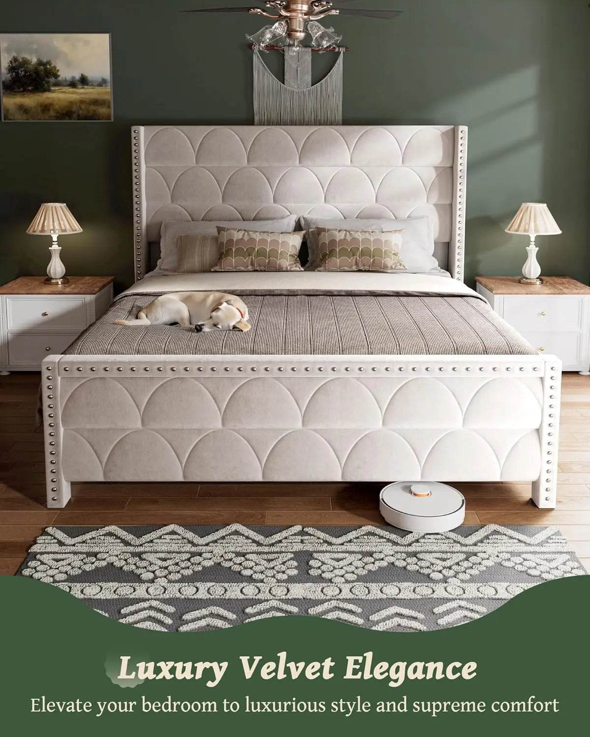 Velvet Upholstered Wingback Platform Bed Frame - Omega Lifestyles