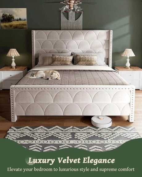 Velvet Upholstered Wingback Platform Bed Frame - Omega Lifestyles