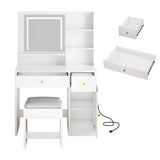 Modern Wooden Vanity Desk With Mirror Lights Charging Station