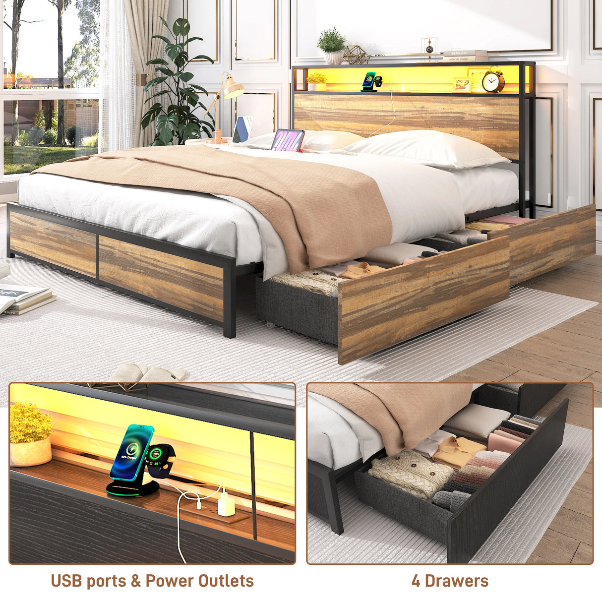 Queen LED Platform Bed Frame With Storage Drawers and USB Charging