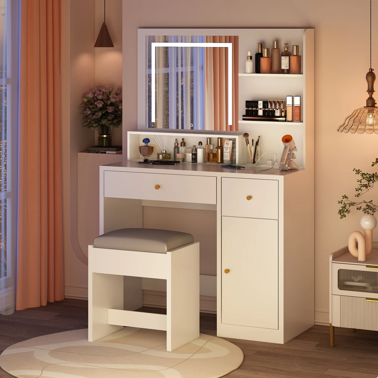 Modern Wooden Vanity Desk With Mirror Lights Charging Station