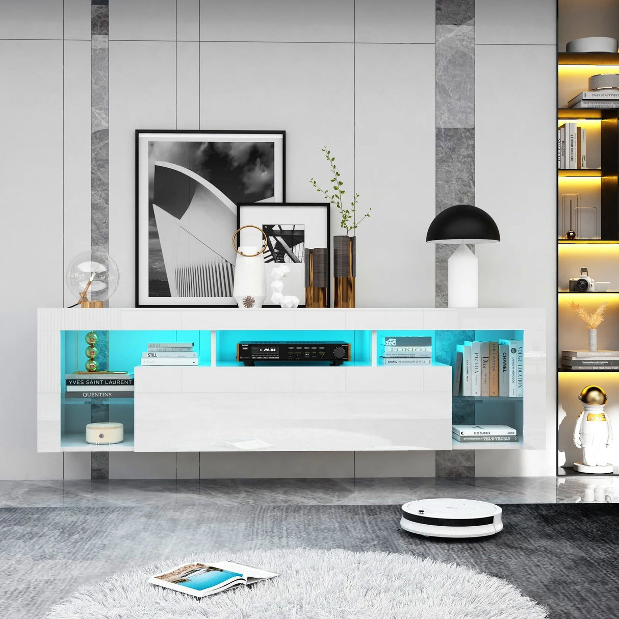 63-Inch High Gloss Floating TV Stand With RGB Lights
