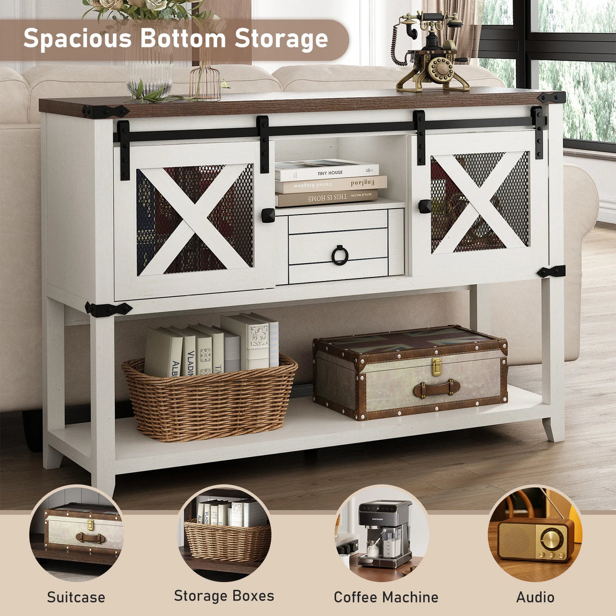 Antique Wood Farmhouse Entryway Table With Sliding Barn Doors