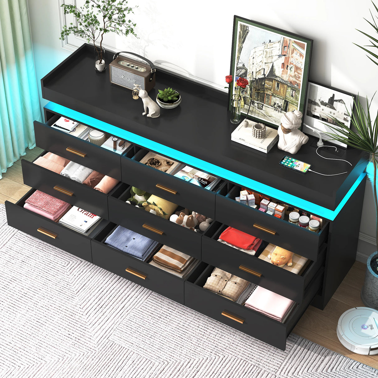 Modern 9-Drawer Wooden Dresser With LED Light