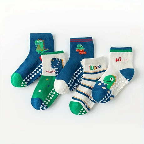 5-Pair Cartoon Dinosaur Kids Non-Slip Floor Socks - Omega Lifestyles