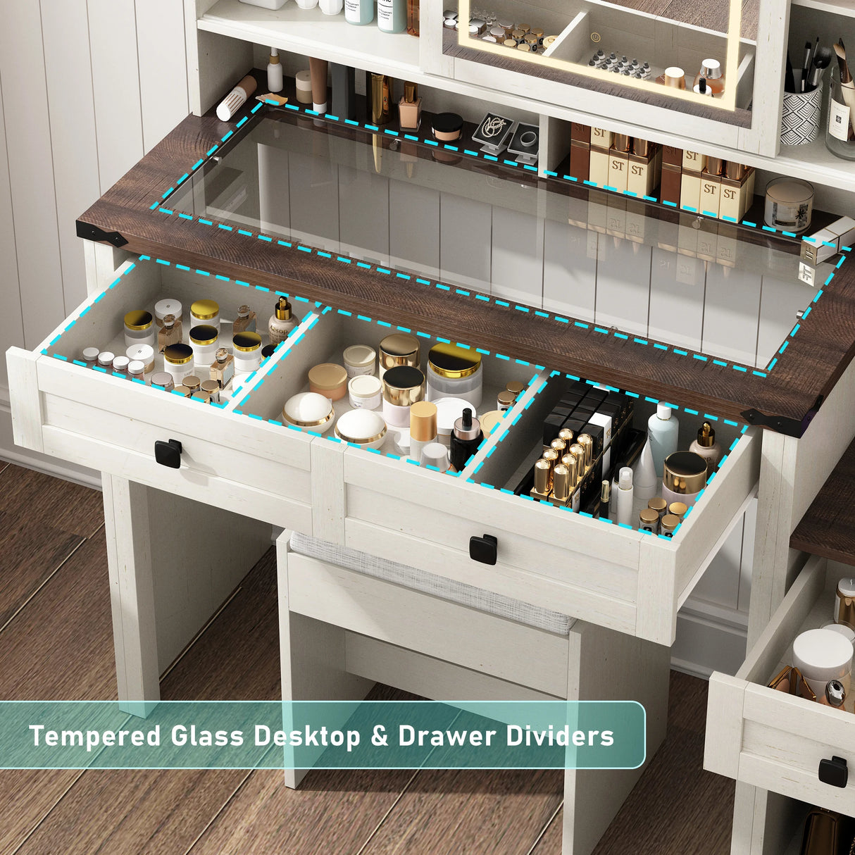 Farmhouse Makeup Vanity Desk With Mirror Lights Stool