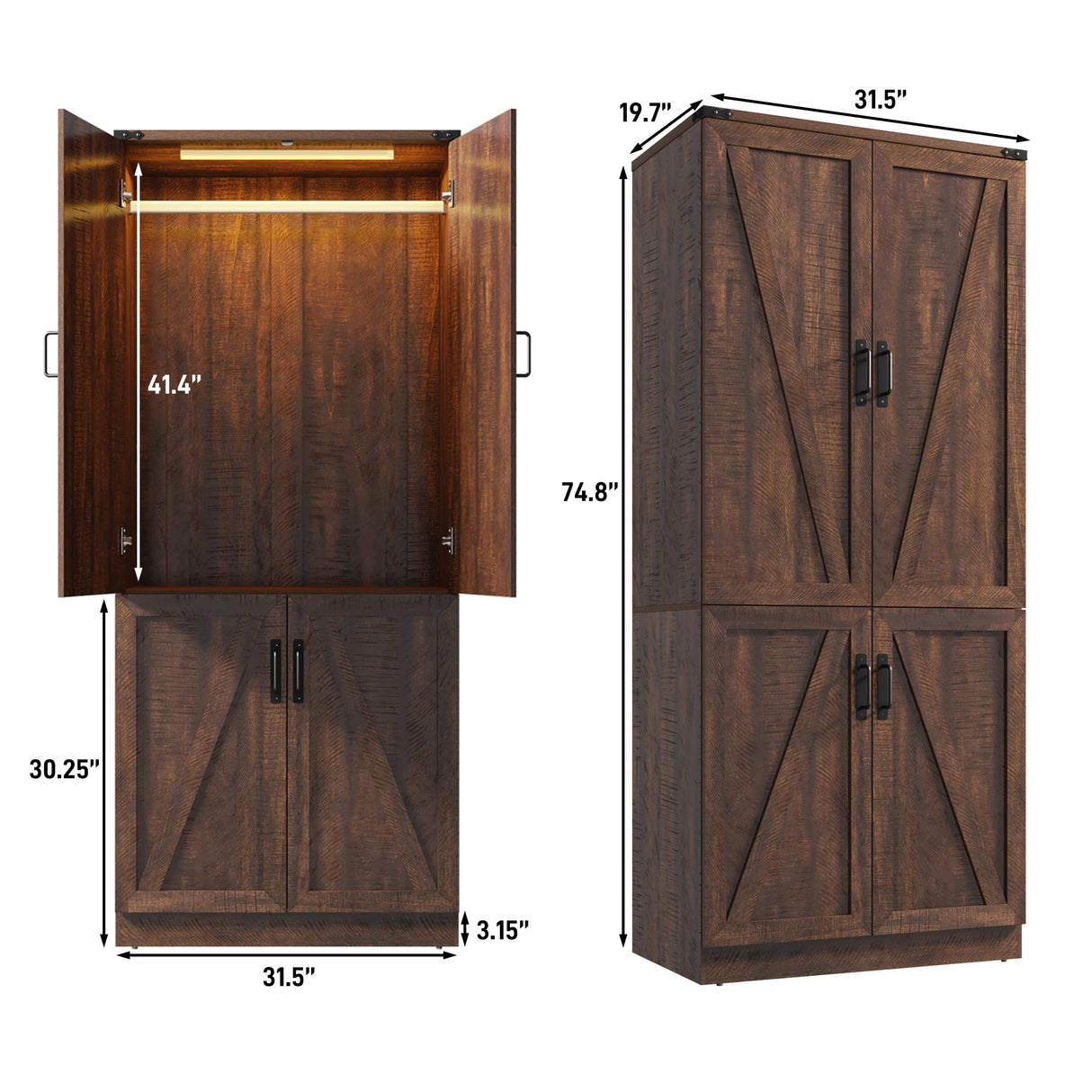 Farmhouse 2-Door Armoire Wardrobe Closet With LED