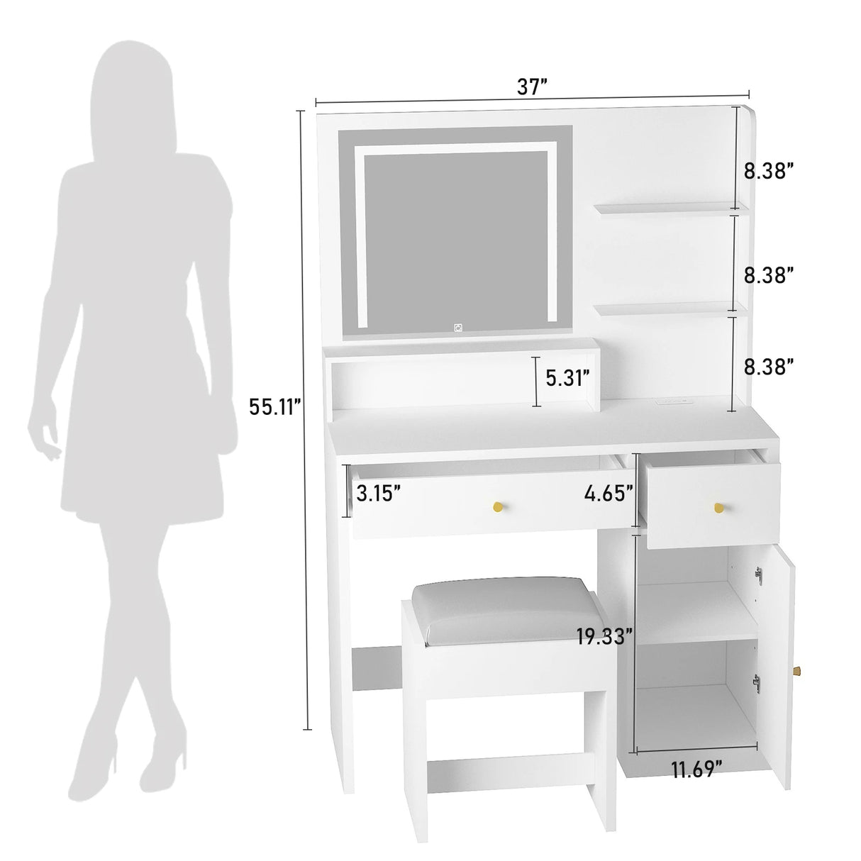 Modern Wooden Vanity Desk With Mirror Lights Charging Station