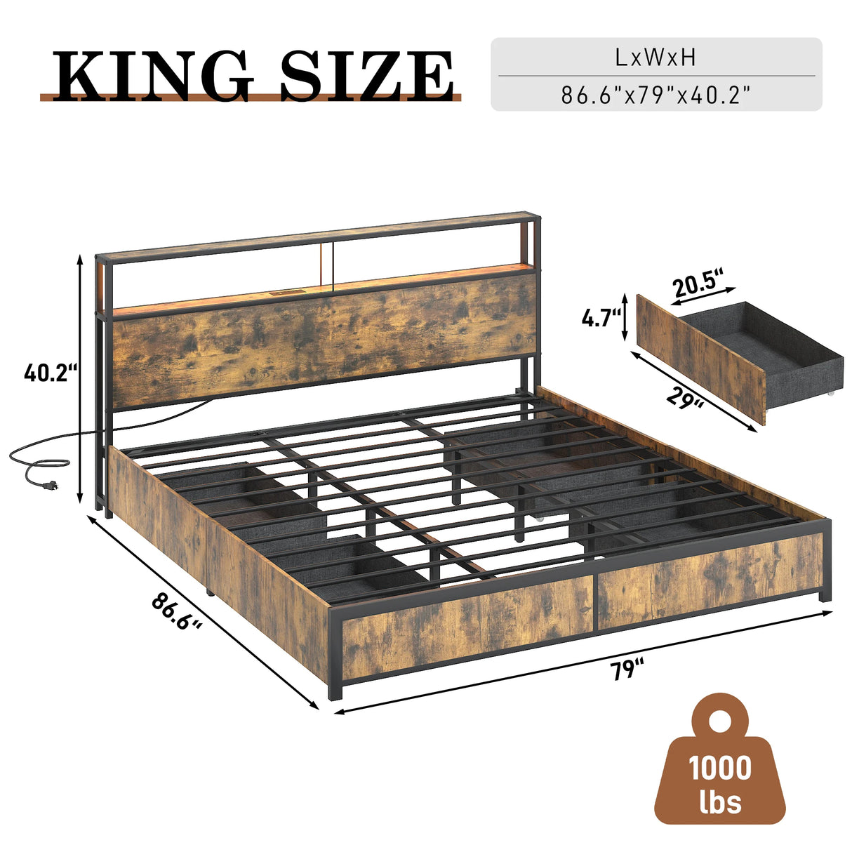 Queen LED Platform Bed Frame With Storage Drawers and USB Charging