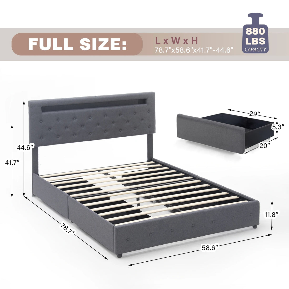Queen LED Storage Bed Frame With Adjustable Headboard