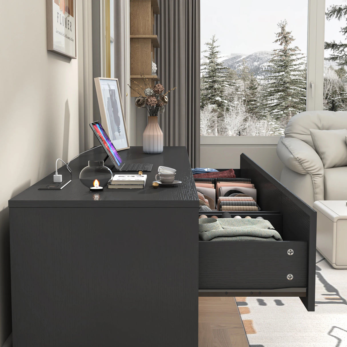 Modern 9 Drawer Engineered Wood Dresser With Charging Station