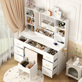 Modern Large Wooden Vanity Desk With Mirror Lights Stool