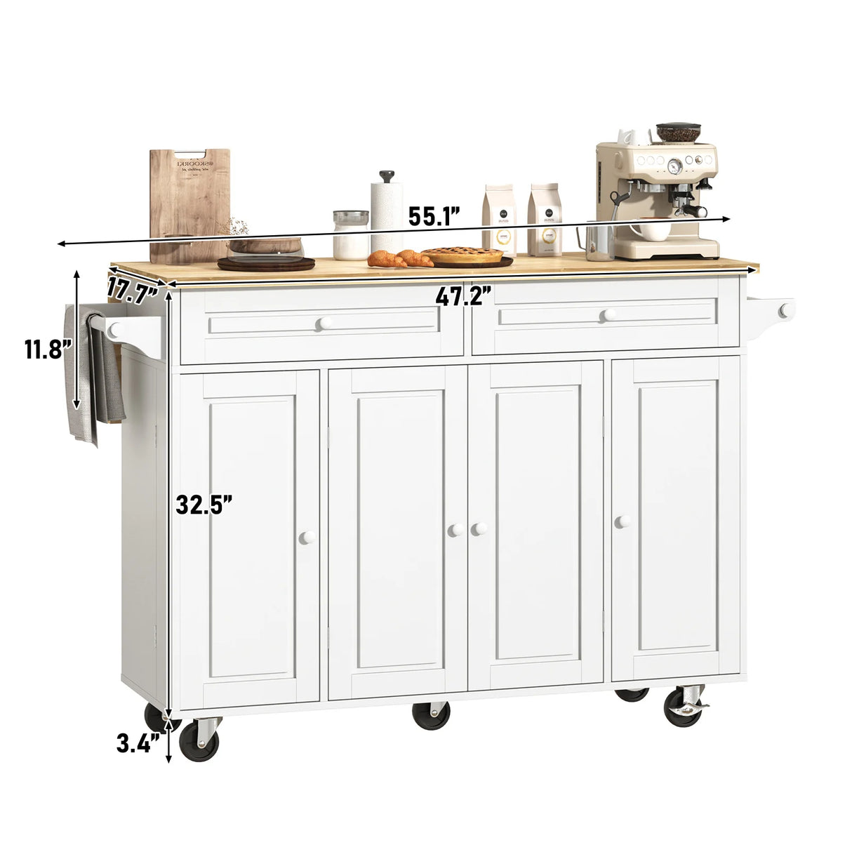 Spacious Rolling Kitchen Island Cart With Storage Cabinet