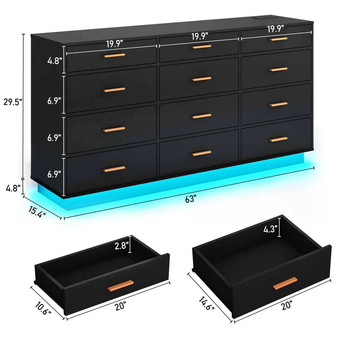 Modern 12 Drawer Dresser With Built-In Charging Station