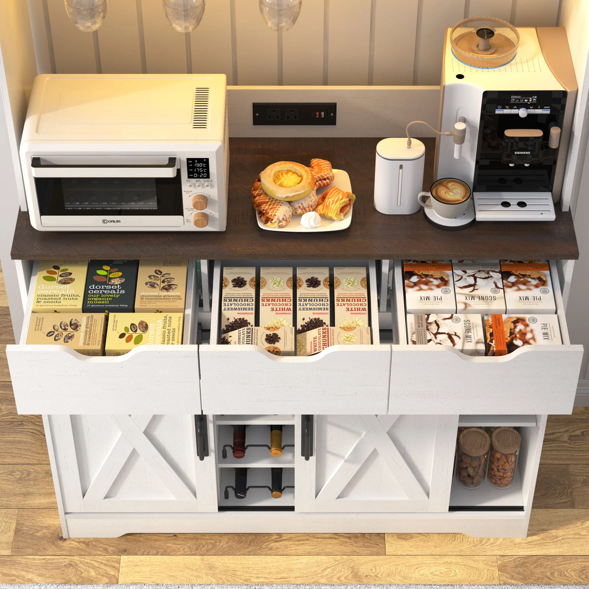 Farmhouse Wood Sliding Door Coffee Bar Cabinet With LED Lights