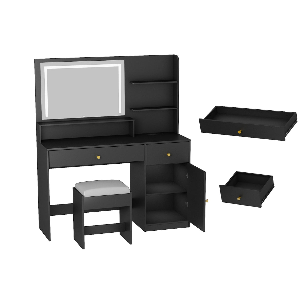 Modern Wooden Vanity Desk With Mirror Lights Charging Station