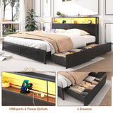Queen LED Platform Bed Frame With Storage Drawers and USB Charging