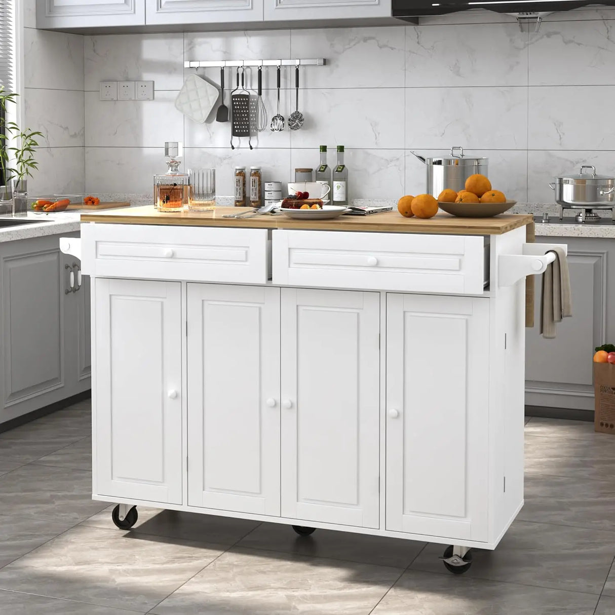 Spacious Rolling Kitchen Island Cart With Storage Cabinet