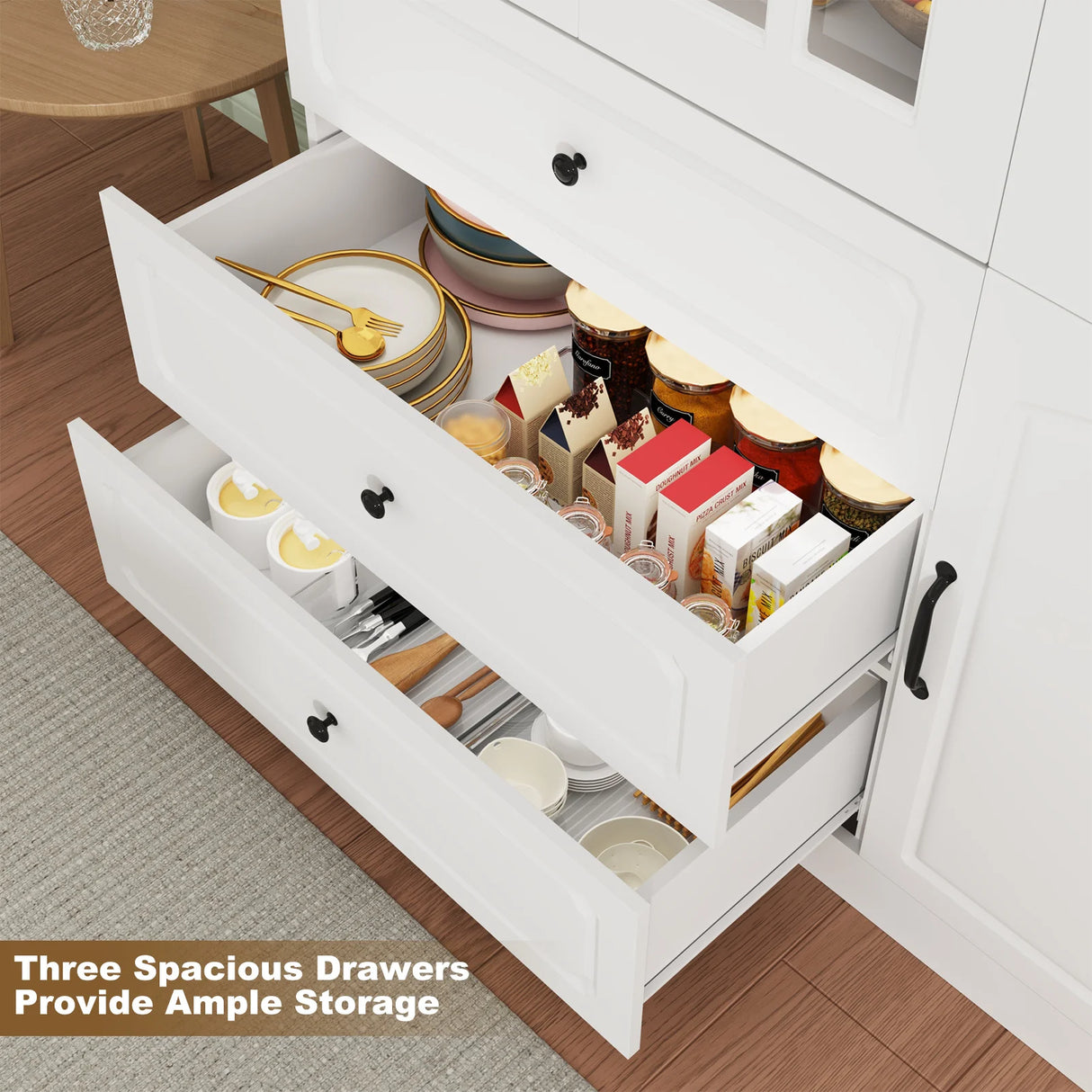 Spacious White Glass Door Dining Room Storage Cabinet