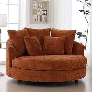 Oversized Round Barrel Chenille Fabric Accent Chair With Ottoman - Omega Lifestyles