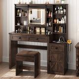 Farmhouse Makeup Vanity Desk With Mirror Lights Stool