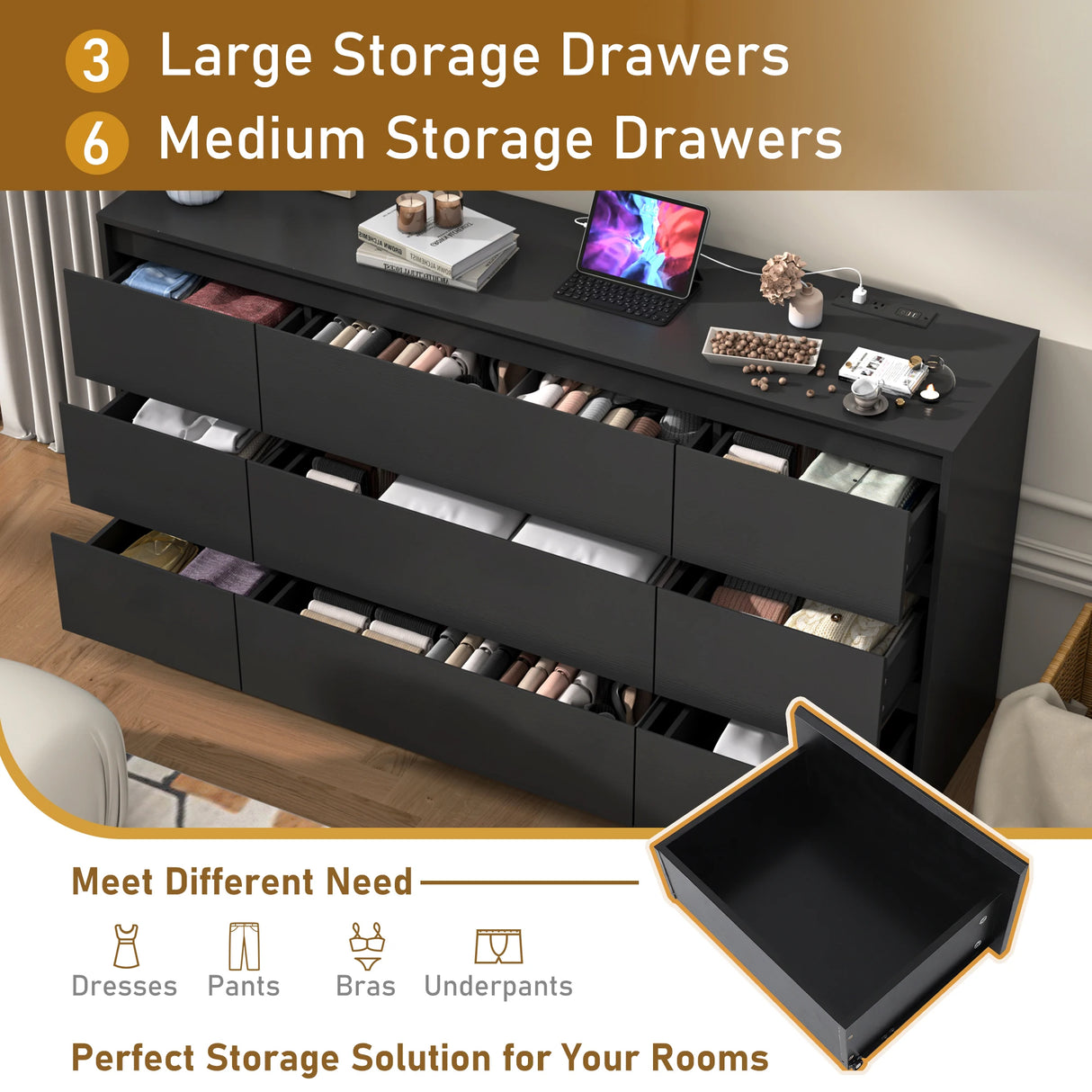 Modern 9 Drawer Engineered Wood Dresser With Charging Station