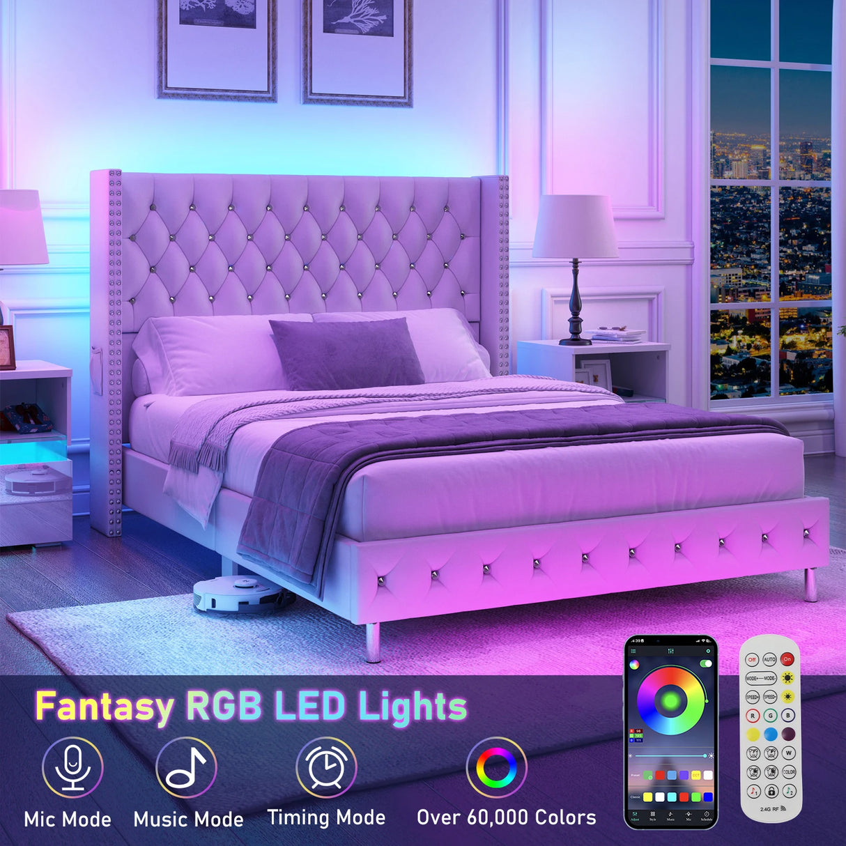 Queen Velvet Upholstered LED Wingback Bed Frame With USB Ports