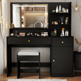 Modern Wooden Vanity Desk With Mirror Lights Charging Station