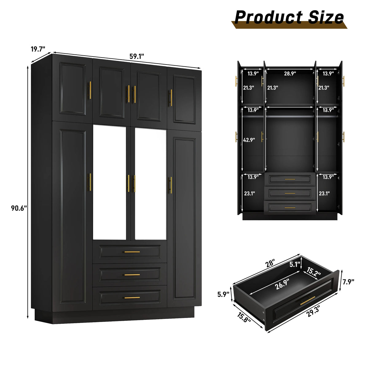 Modern Minimalist 4-Door LED Armoire Wardrobe Closet