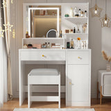 Modern Wooden Vanity Desk With Mirror Lights Charging Station