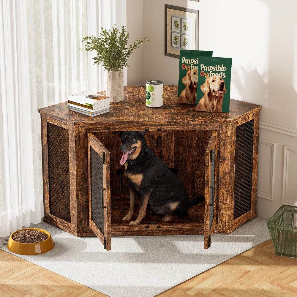 Retro Wooden Space-Saving Corner Pet Dog House - Omega Lifestyles