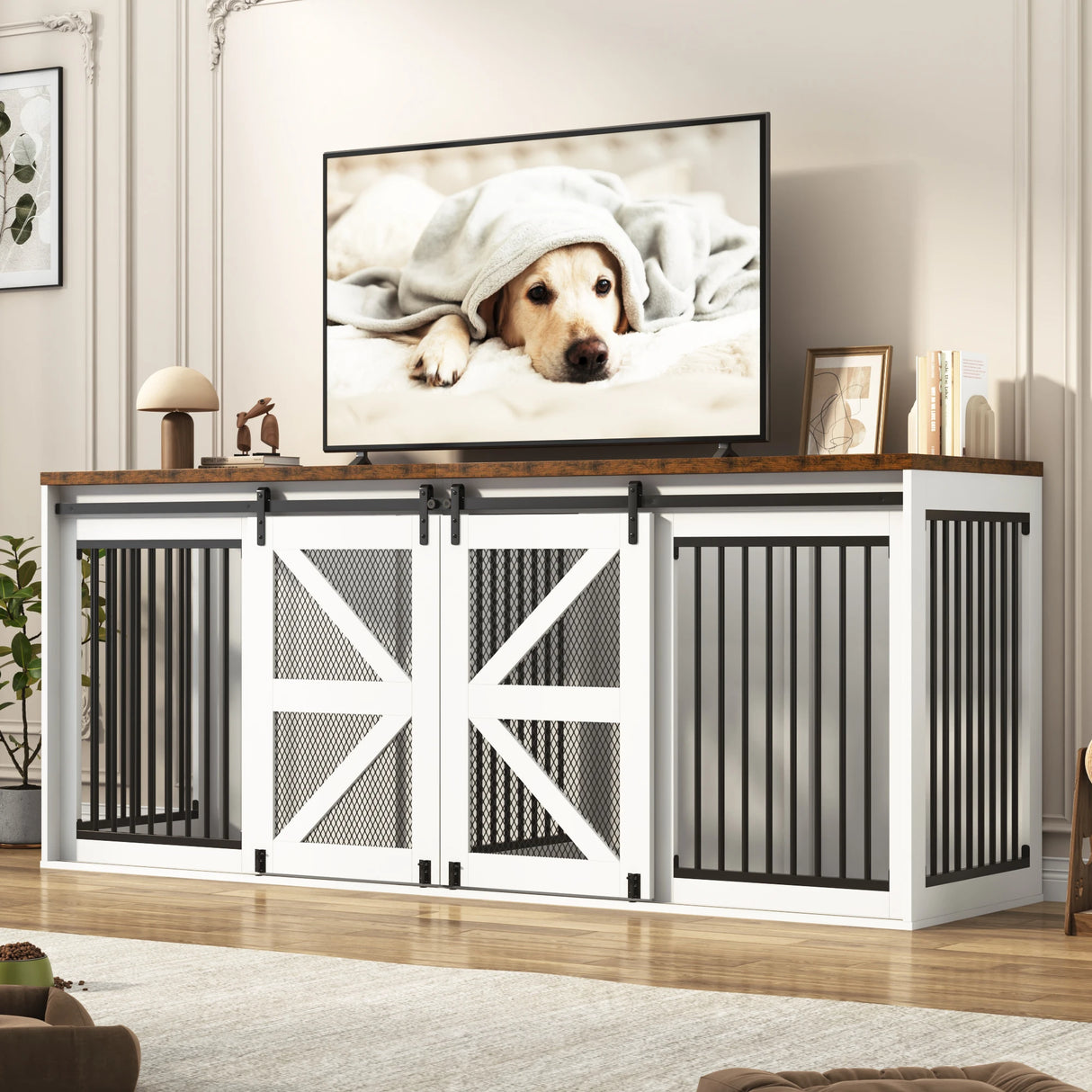 Farmhouse Wooden Large Dog Crate TV Stand Furniture