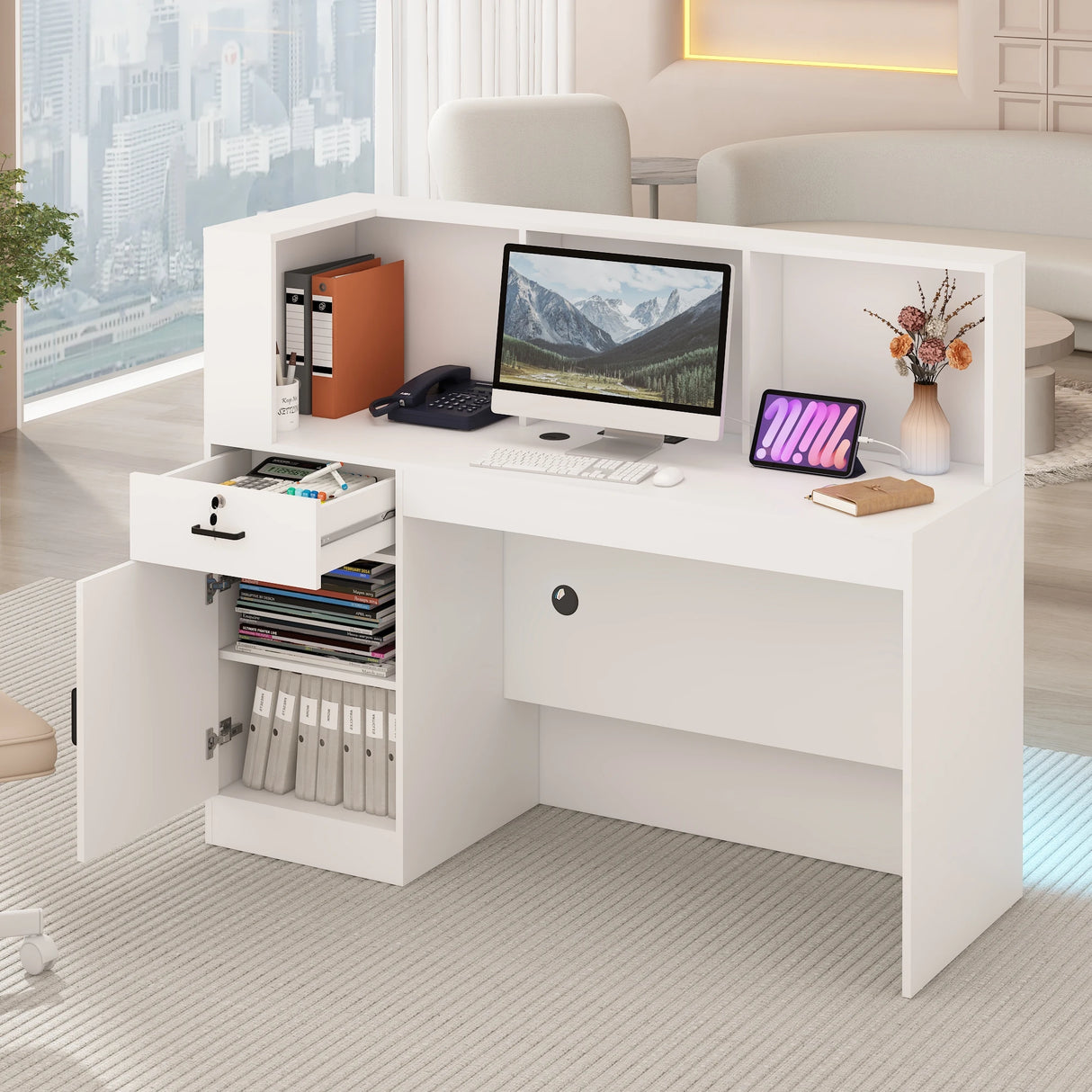 Modern LED Reception Desk With Storage Cabinets and Power Outlets