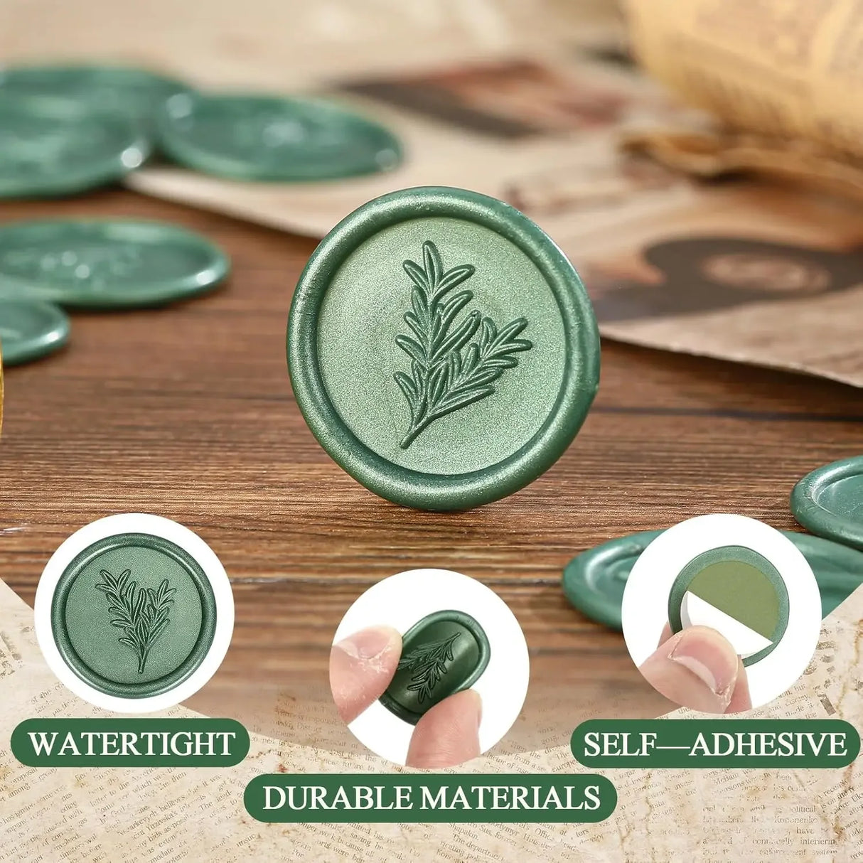 Set Of 50 Rosemary Green Envelope Wax Seal Stickers - Omega Lifestyles