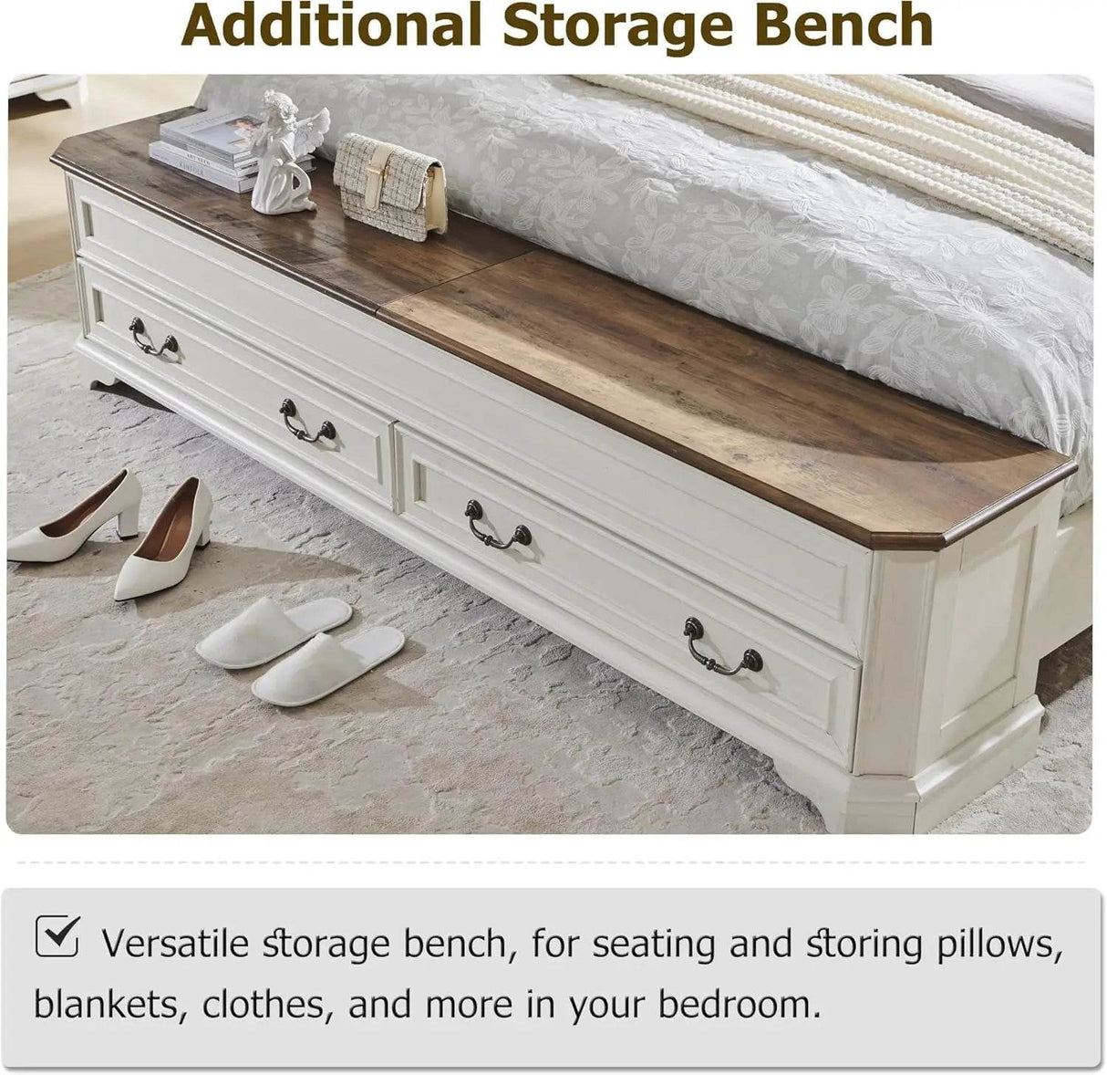 Antique Wood Platform Bed Frame with Storage Bench - Omega Lifestyles