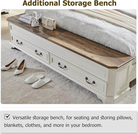 Antique Wood Platform Bed Frame with Storage Bench - Omega Lifestyles