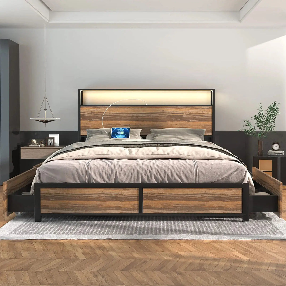 Queen LED Platform Bed Frame With Storage Drawers and USB Charging
