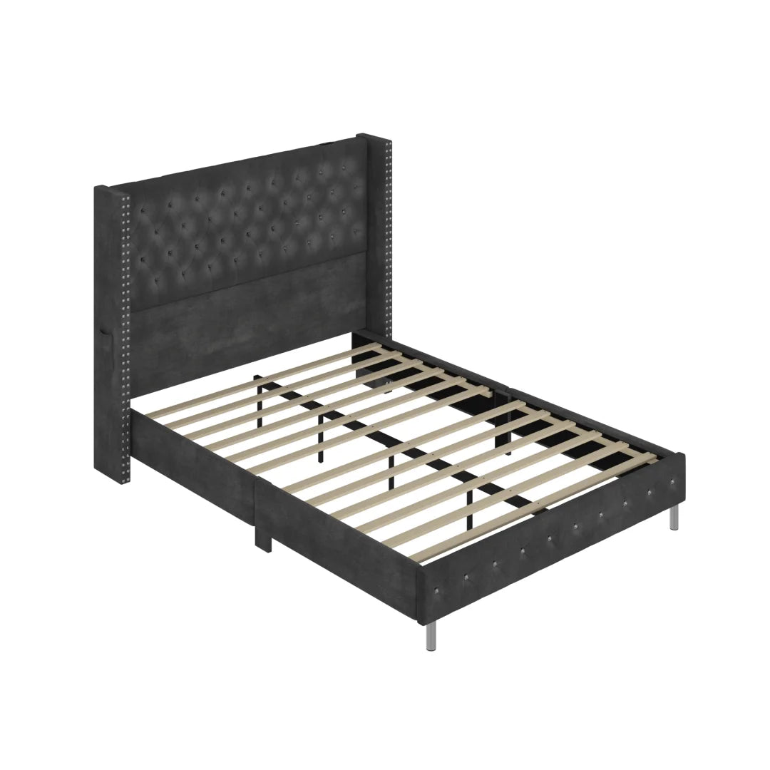 Queen Velvet Upholstered LED Wingback Bed Frame With USB Ports