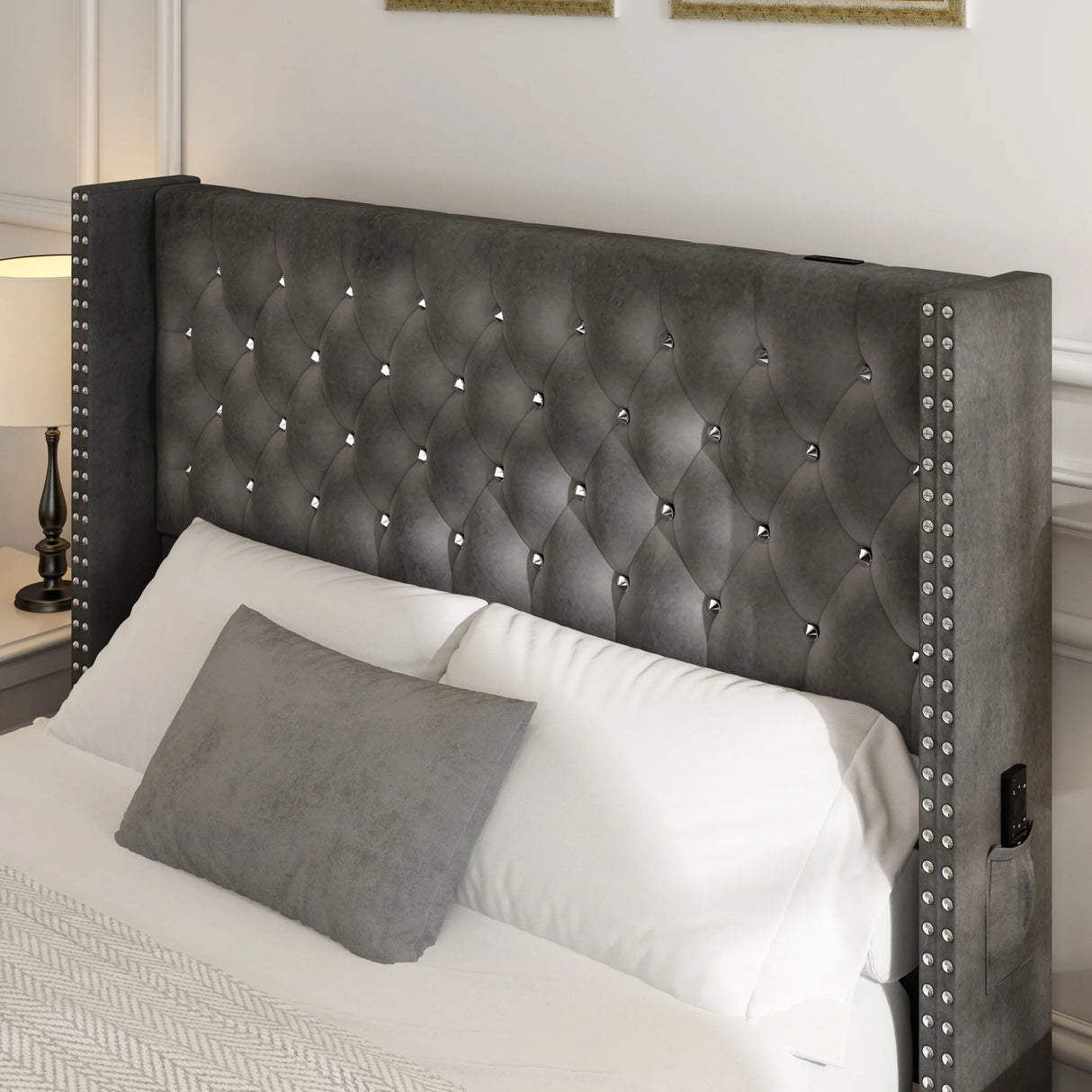 Queen Velvet Upholstered Wingback Bed Frame With LED Lights