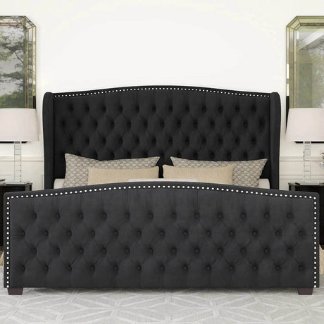 Velvet Upholstered Platform Bed Frame With Wingback Headboard - Omega Lifestyles