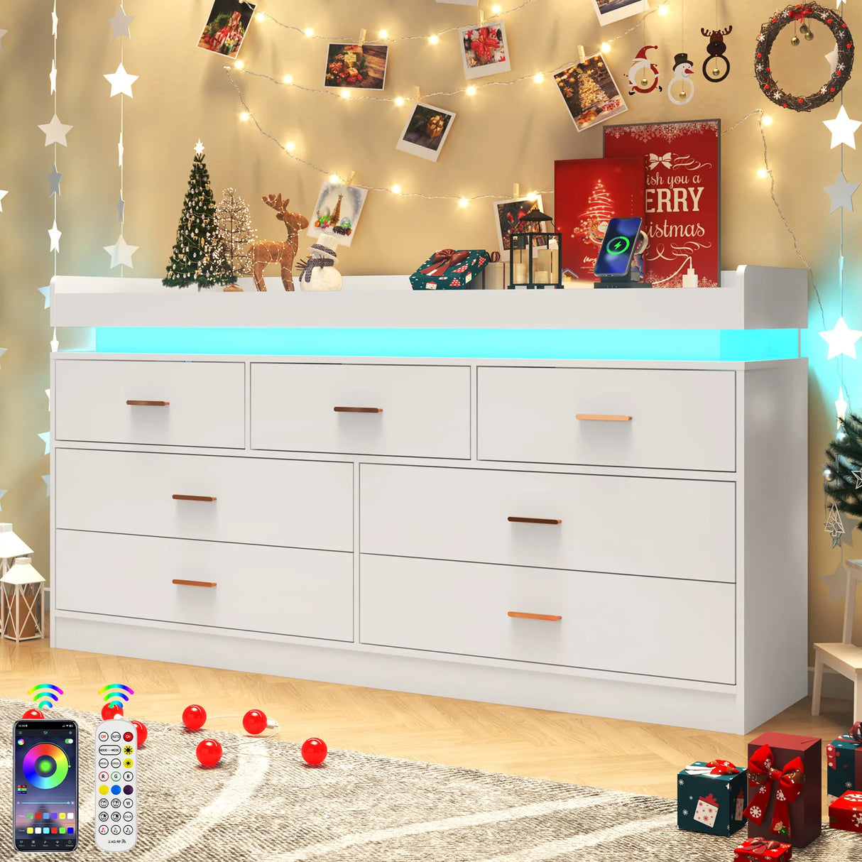 Modern 7-Drawer Wooden Dresser With LED Light