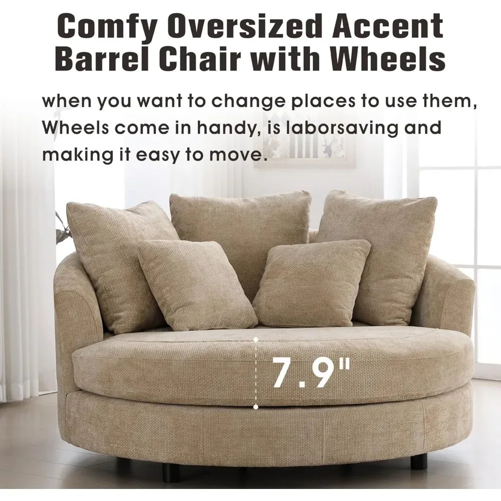 Oversized Round Barrel Chenille Fabric Accent Chair With Ottoman - Omega Lifestyles