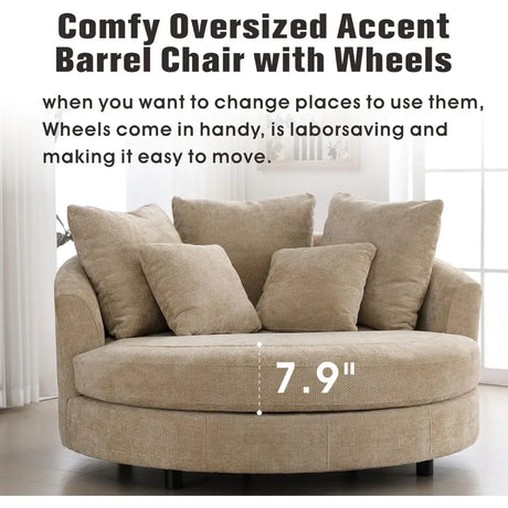 Oversized Round Barrel Chenille Fabric Accent Chair With Ottoman - Omega Lifestyles