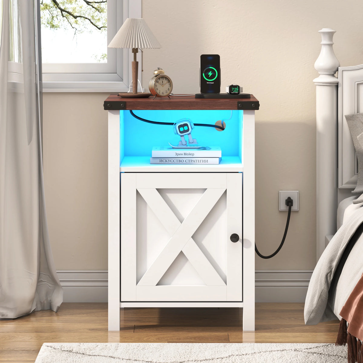 Farmhouse LED Nightstand Set of 2 With Charging Station