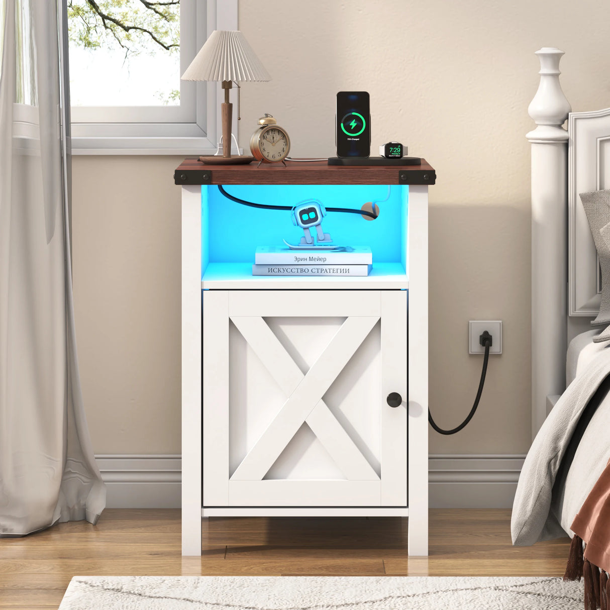 Farmhouse LED Nightstand Set of 2 With Charging Station